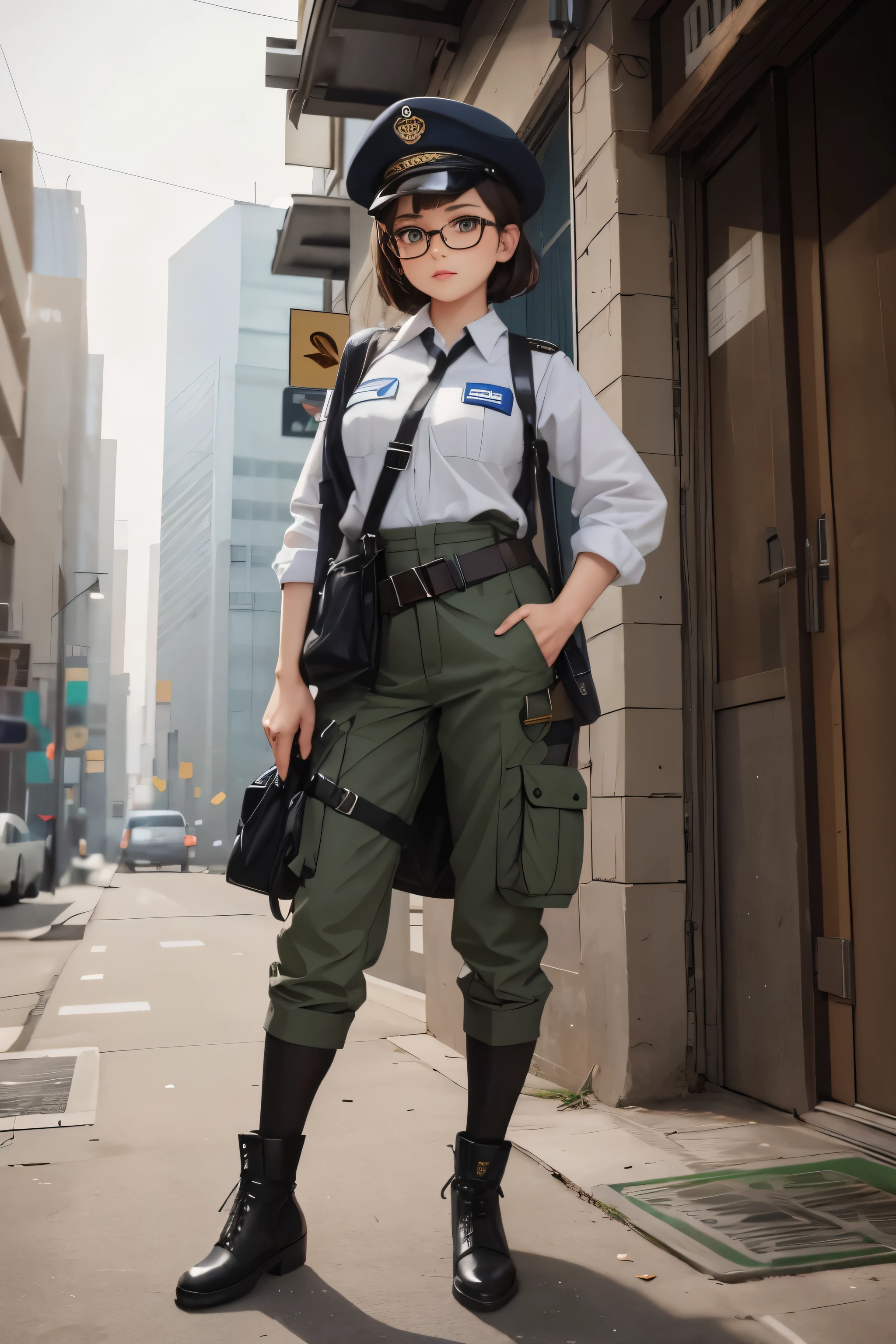 Wide angle, full body image, a pretty girl messenger, wearing large glasses, undercut hair, wearing postal uniform, in a post-apocalyptic world