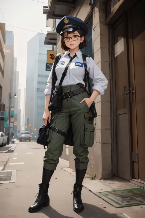 wide angle, full body image, a pretty girl messenger, wearing large glasses, undercut hair, wearing postal uniform, in a post-ap...