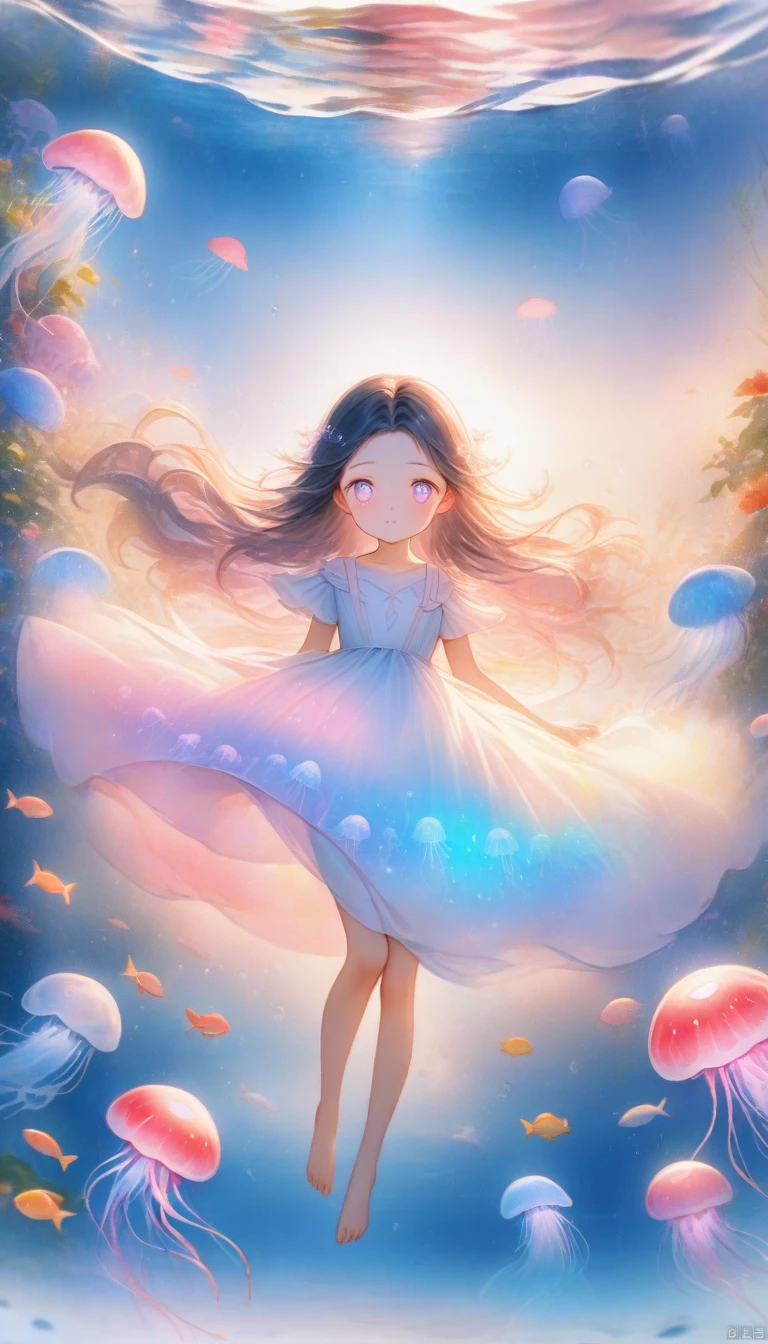 (girl with jellyfish motif:1.3), (flowing translucent dress:1.2), (luminous glow:1.3), (long wavy hair resembling tentacles:1.2), (delicate and graceful movements:1.3), (underwater ambiance:1.2), (floating effortlessly:1.2), (soft pastel colors:1.1), (ethereal beauty:1.3), (surrounded by small jellyfish:1.2), (gentle expression:1.1), (reflective eyes like deep sea:1.2), (barefoot with delicate feet:1.0), (ambient bubbles around:1.1), (mysterious aura:1.2), nsfw，Ultra wide angle