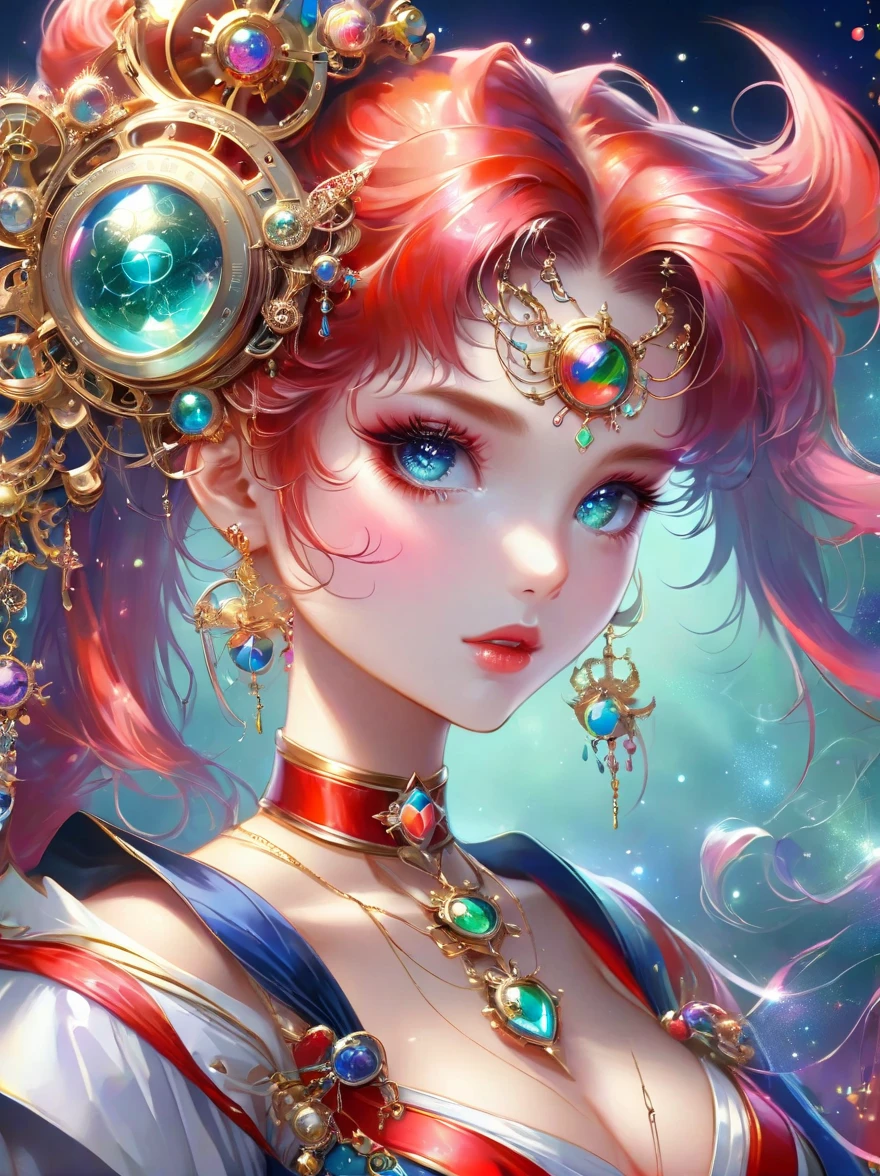 Best quality，very good，8k，absurd，Extremely detailed，Sailor Moon Fighting，Short red messy hair，kaleidoscope，(Cyberpunk:0.7)，Steampunk，Dieselpunk and clockpunk，kaleidoscope采用热粉色，Made of shiny gold plated and shiny silver plated，Broken sparkling colored gemstones，Mixed Art，Mixed Art，Fractal Art，Zentangle Art，Design Art，Wonderful and mysterious，Fantasy World Pictures，A diverse visual style that incorporates a variety of artistic elements，Includes glittery rainbow pastels and bright colors