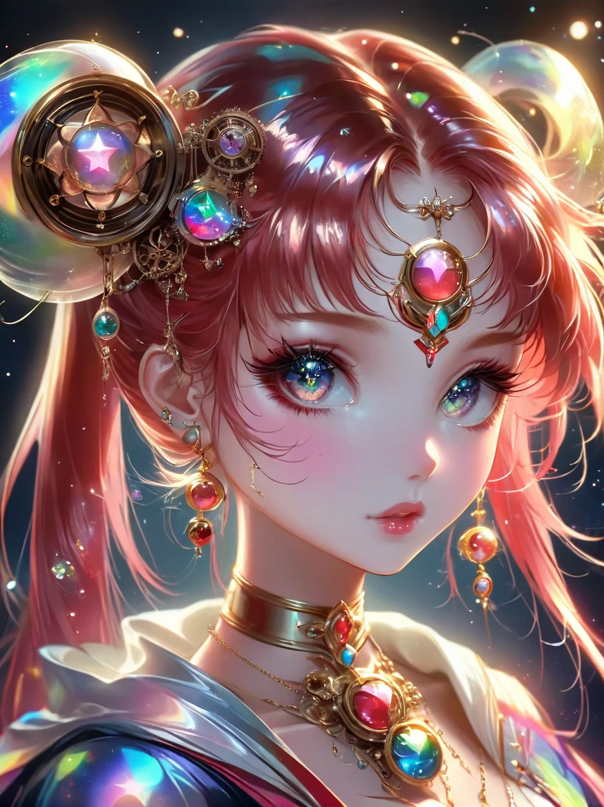 Best quality，very good，8K，absurdes，Extremely detailed，Sailor Moon Fighting，Short red messy hair，kaleidoscope，(cyberpunk:0.7)，Steampunk，Dieselpunk and clockpunk，kaleidoscope in hot pink，Made of shiny gold plated and shiny silver plated，Broken sparkling colored gemstoneixed Art，Mixed Art，Fractal Art，Zentangle Art，Design Art，Wonderful and mysterious，Fantasy World Pictures，A diverse visual style that incorporates a variety of artistic elements，Includes glittery rainbow pastels and bright colors