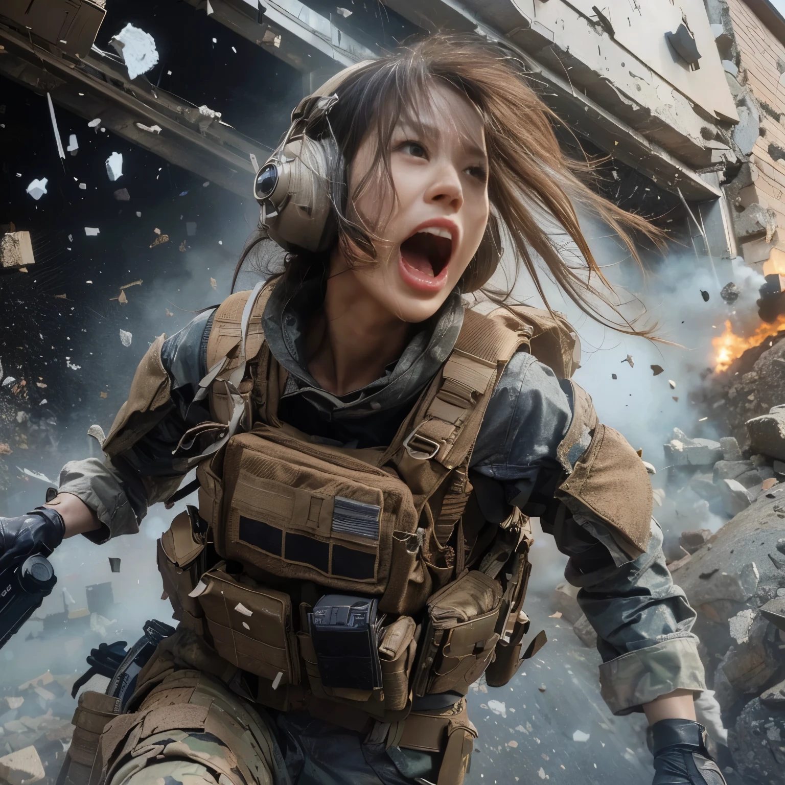 8K, realistic photo, realistic skin texture, Beautiful Japanese women in the US military、Outside the building、explosion、Close call、Walls bursting with debris、They are shouting to evacuate immediately.、Automatic rifle、Bulletproof vest、Back Back、boots、Covered in scars、Grim expression、Dynamic pose、Innovative composition、Dust is flying、fiction