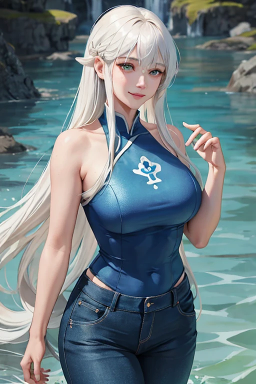 (masterpiece:1.2, highest quality), (live-action, Intricate details), 1 Female, alone, upper半身, casual, Long Hair, Minimal makeup, Natural materials, Close-up face, smile, smile, Very long light platinum blonde hair, really Long Hair, bangs, Voluminous Hair, Green Eyes, big breasts, big , big , Aquatic Clothing, Blue clothes, pants, upper, water tribe pants, water tribe upper, Korean bangs, cute bangs, Mature Face, 1 adult, 1 female, 1 female, (Aquatic Uniform), water bender, Blue clothes, Fur clothing, Controlling Water (avatar: the last airbender)