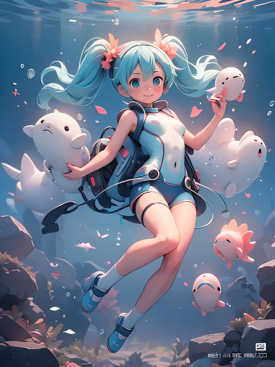 (Obra de arte、mais alta qualidade、mais alta qualidade、arte oficial、lindo e lindo:1.2)、(Uma garota:1.3)Hatsune Miku、caudas gêmeas,Seios grandes, ,nadar com golfinhos no oceano,lindos seios,Fatos de mergulho,snorkel,coral