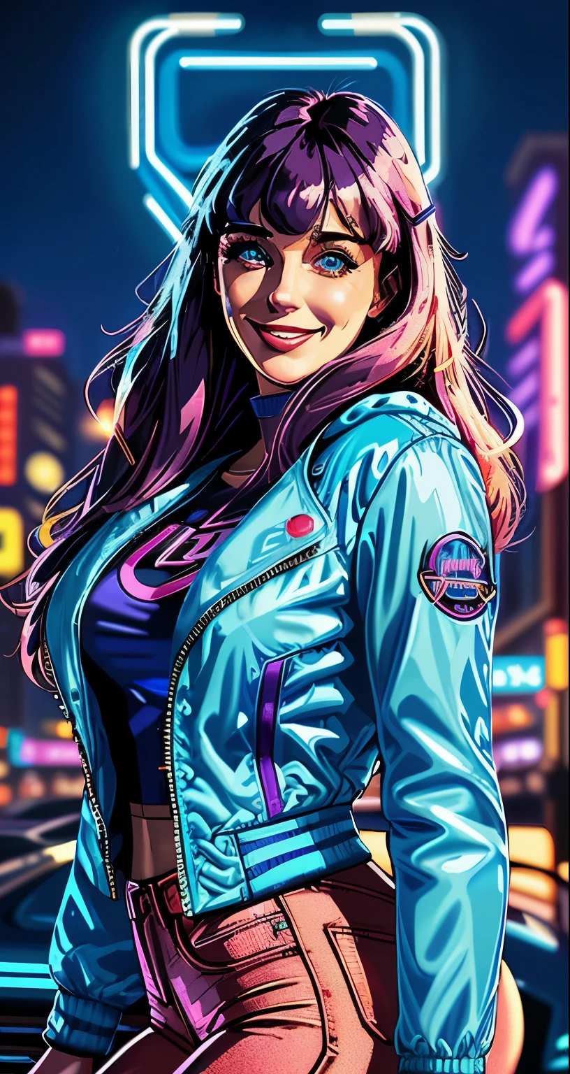 masterpiece, best quality, 1girl city pop, night, neon light, looking at another, upper body, vector illustration, blue jacket, light smile, blunt bangs, long hair, blue eyes