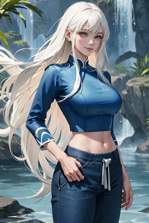 (masterpiece:1.2, highest quality), (live-action, Intricate details), 1 Female, alone, upper半身, casual, Long Hair, Minimal makeup, Natural materials, Close-up face, smile, smile, Very long light platinum blonde hair, really Long Hair, bangs, Voluminous Hair, Green Eyes, big breasts, big , big , Aquatic Clothing, Blue clothes, pants, upper, water tribe pants, water tribe upper, Korean bangs, cute bangs, Mature Face, 1 adult, 1 female, 1 female, (Aquatic Uniform), water bender, Blue clothes, Fur clothing, Controlling Water (avatar: the last airbender)