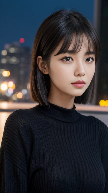 high quality,30 years old,One Woman,Upper Body,Black knit,realism,After work,night,Beauty,With bangs,semi-long,single,Hair tucked behind ear