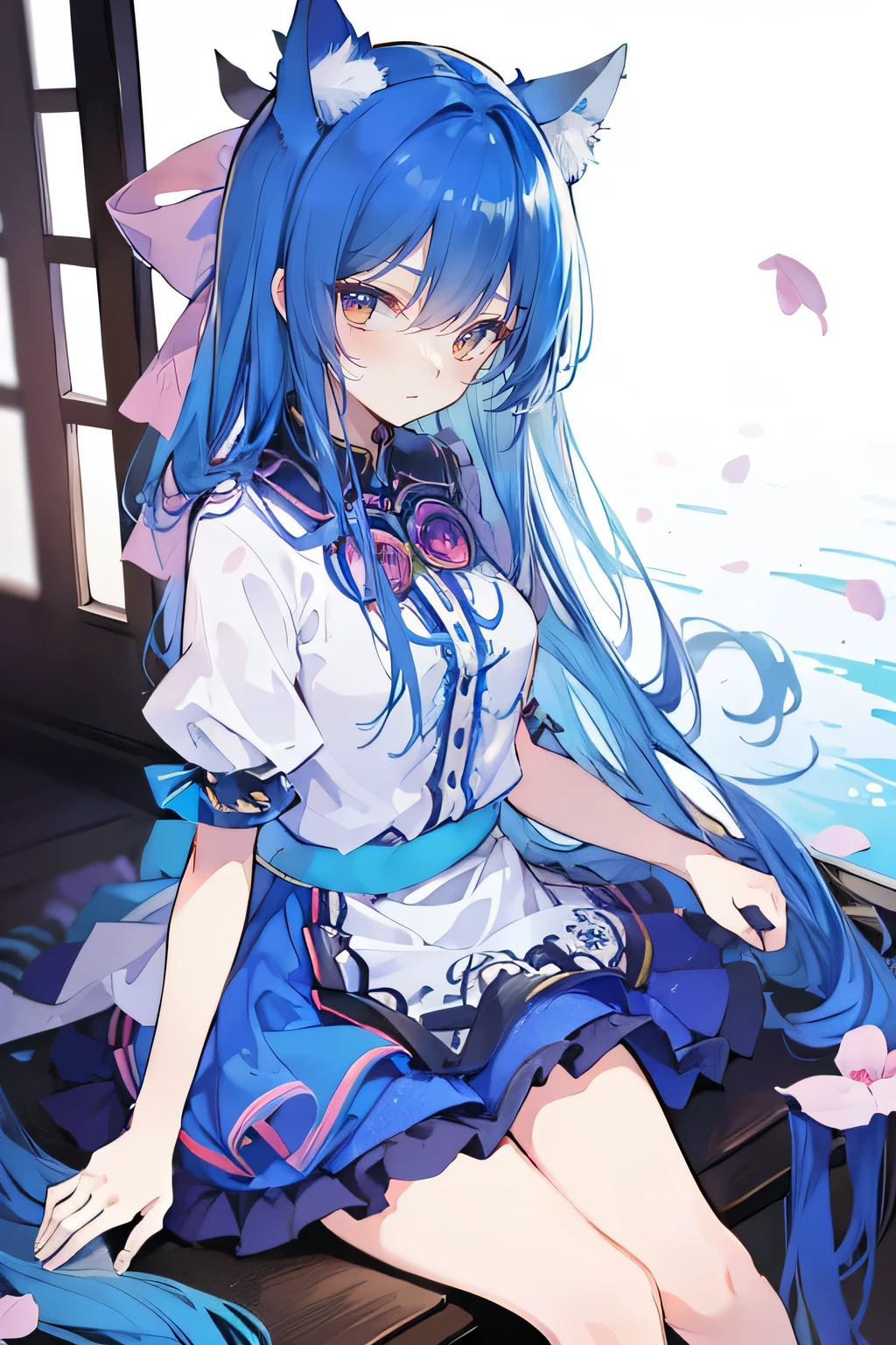 (masterpiece:1.2),ultra-detailed,realistic,expressive eyes,fair-skinned,perfectly shaped face,1girl,
Japanese cartoons,Gorgeous blue hair, flowing blue hair,floating clothes,cat ears,petals falling,beautiful Lola,Hina Angel,
hands on waist,gracefully sitting on the ground,legs crossed,gentle and serene background,cool and comfortable pavilion.