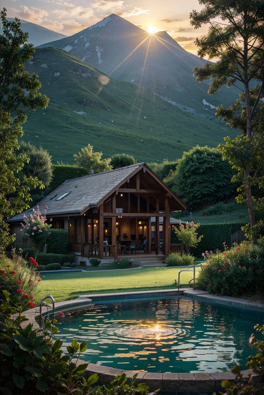 Hous mountain swimming pool flowers sunset 