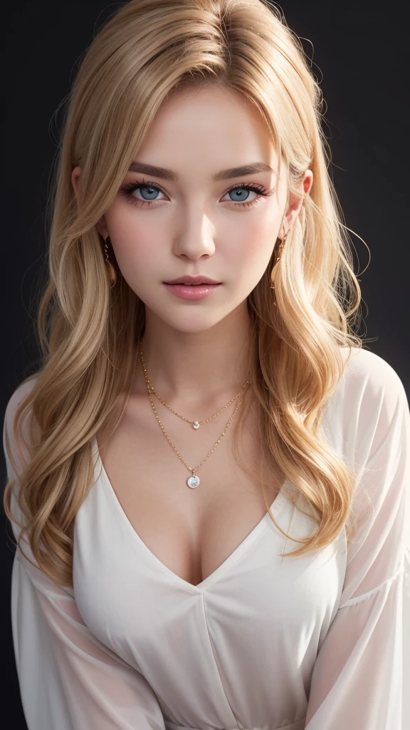 1 2 belle femme avec de longs cheveux blonds posant pour une photo, Belle longue femme blonde, Longue blonde très belle femme, Elle rougit et fait une grimace, Son visage est tourné vers le haut, Bien soignée pour une belle longue blonde, Portrait réaliste 8K, Photographie de face d&#39;elle, Angle de vue de la caméra depuis le dessus, Belle femme blonde longue et lisse, Top modèle à silhouette élancée, Elle a une peau très blanche et fine et lisse, augmentation mammaire, Longue femme italienne blonde, Les sourcils blonds sont relevés et froncés, Elle a un sentiment doux-amer, Longs cheveux blonds brillants, Les yeux très finement ouverts sont humides et tombants, Elle regarde le spectateur d&#39;en bas, Ses lèvres épaisses, charnues et brillantes sont entrouvertes, Photo en gros plan du visage, Une personne au centre gauche et droite, La tête entière est montrée, Elle porte un chemisier de couleur pastel, Un collier très simple et des boucles d&#39;oreilles très simples, maquillage parfait, Éclairage professionnel comme des films dans une pièce sombre