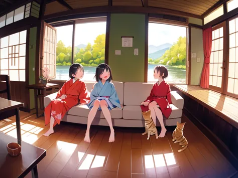 (masterpiece, highest quality), close, Wide-angle, Fisheye Lens, 3peopleの女の子, young，Elementary school girl，cute、A window in a Ja...