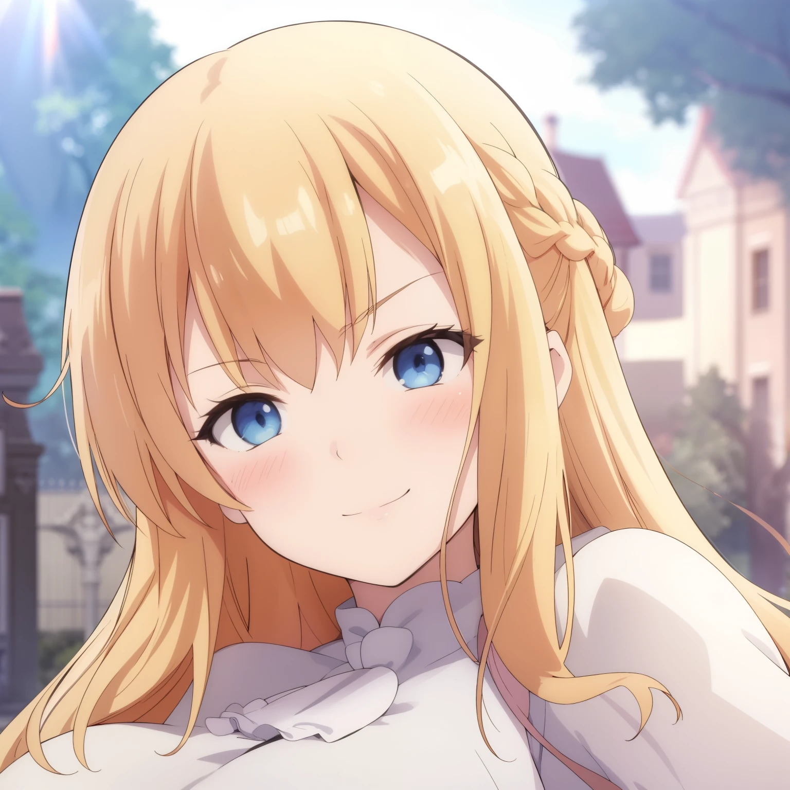 Anime girl with long blonde hair and blue eyes in front of a house - SeaArt  AI