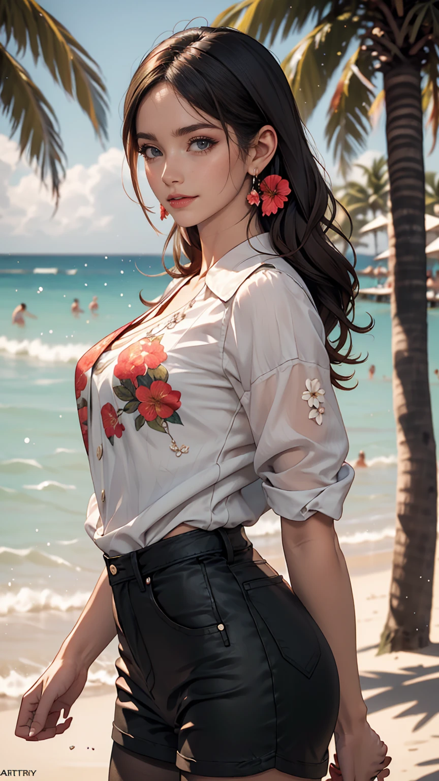 alone, whole body,Earrings, eyelash, pantyhose,, (Beach,(Palm tree),crowd,(A see-through white shirt), Floral print,Red lips),Sexy and provocative smile,, (Shiny skin:1.05),(blush:0.9),(Skin dents:1.15),Realistic, masterpiece, highest quality, High resolution,Absurd, (Perfect Face:1.1), (Sharp focus:1.1),, Trending on Artstation, Trending on CGSociety, Complex, Attention to detail, Sharp focus, dramatic,
