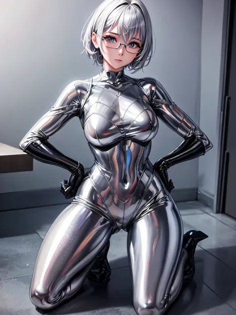 Highest quality 8K UHD、muste piece、Upper body、short hair、Spread your legs apart、Kneeling and looking down、silver hair、Glasses、Fu...
