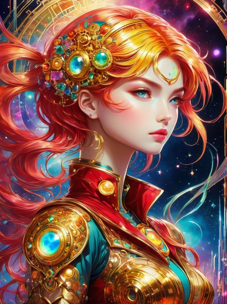 Best quality，very good，8k，absurd，Extremely detailed，Sailor Moon Fighting，Short red messy hair，kaleidoscope，(Cyberpunk:0.7)，Steampunk，Dieselpunk and clockpunk，kaleidoscope采用热粉色，Made of shiny gold plated and shiny silver plated，Broken sparkling colored gemstones，Mixed Art，Mixed Art，Fractal Art，Zentangle Art，Design Art，Wonderful and mysterious，Fantasy World Pictures，A diverse visual style that incorporates a variety of artistic elements，Includes glittery rainbow pastels and bright colors