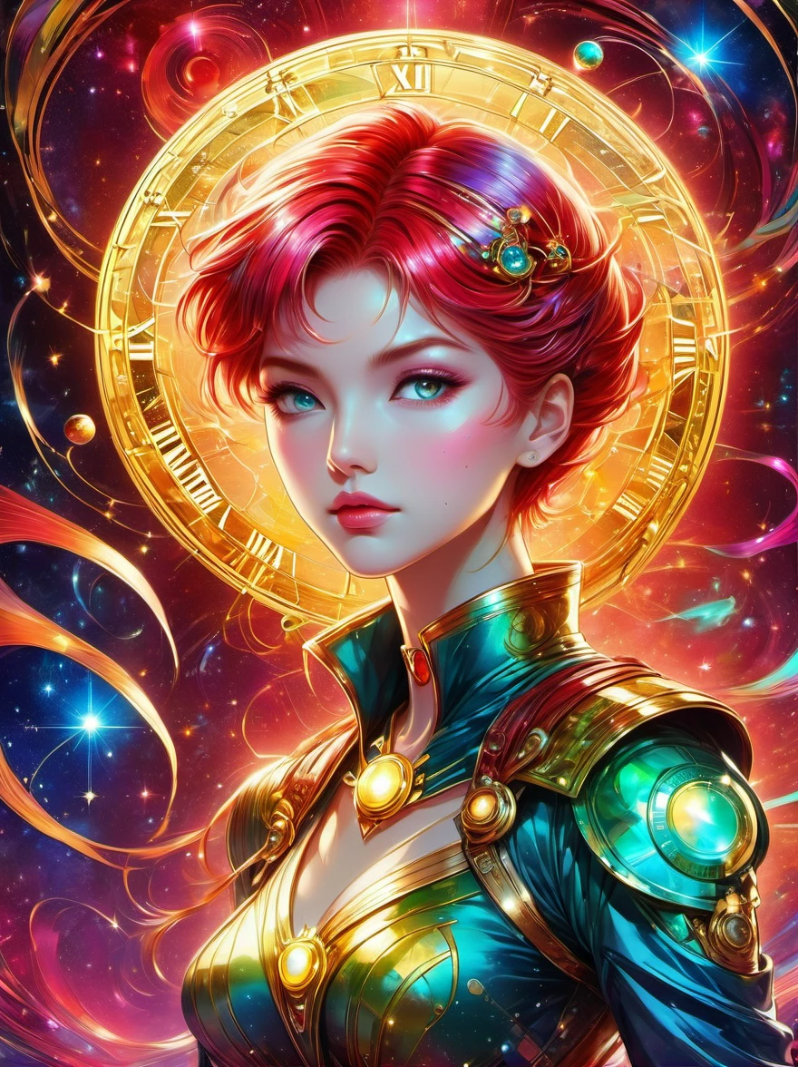 Best quality，very good，8k，absurd，Extremely detailed，Sailor Moon Fighting，Short red messy hair，kaleidoscope，(Cyberpunk:0.7)，Steampunk，Dieselpunk and clockpunk，kaleidoscope采用热粉色，Made of shiny gold plated and shiny silver plated，Broken sparkling colored gemstones，Mixed Art，Mixed Art，Fractal Art，Zentangle Art，Design Art，Wonderful and mysterious，Fantasy World Pictures，A diverse visual style that incorporates a variety of artistic elements，Includes glittery rainbow pastels and bright colors