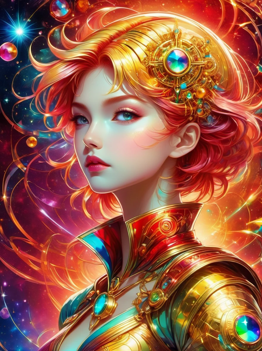 Best quality，very good，8k，absurd，Extremely detailed，Sailor Moon Fighting，Short red messy hair，kaleidoscope，(Cyberpunk:0.7)，Steampunk，Dieselpunk and clockpunk，kaleidoscope采用热粉色，Made of shiny gold plated and shiny silver plated，Broken sparkling colored gemstones，Mixed Art，Mixed Art，Fractal Art，Zentangle Art，Design Art，Wonderful and mysterious，Fantasy World Pictures，A diverse visual style that incorporates a variety of artistic elements，Includes glittery rainbow pastels and bright colors