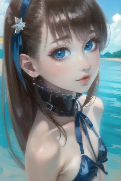 la plus haute qualité、plage、maillots de bain、une fille、yeux bleus、jeune fille anime réaliste、style artistique animé réaliste、Regard captivant　、８k