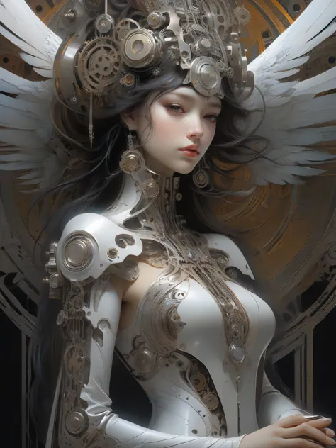 front_view,Aaron Horkey and Jeremy Mann,silver hue Colorful beautiful praying woman,as beautiful as an angel,black ink flow,intr...