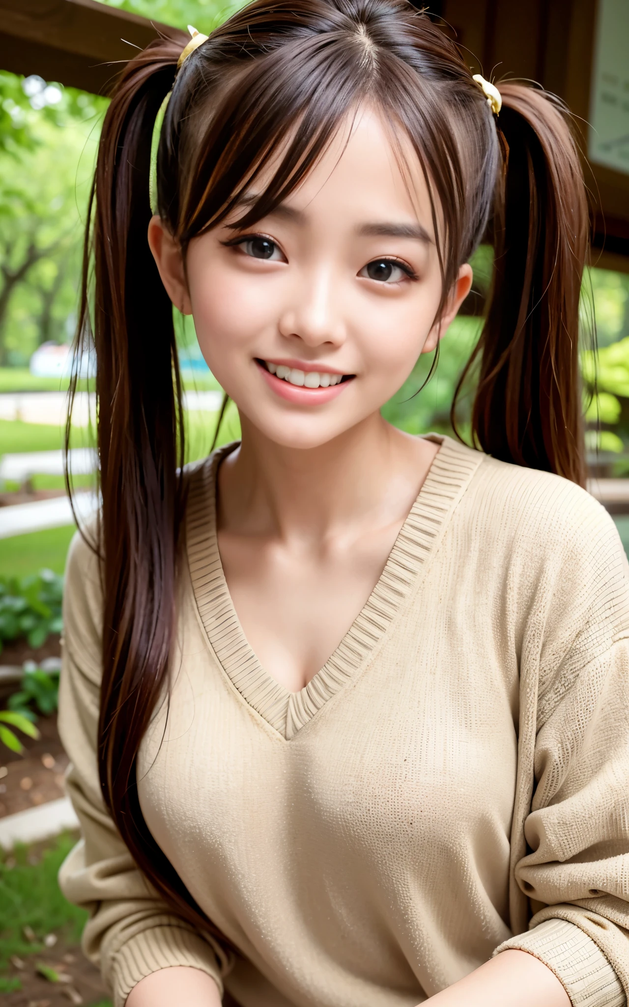 highest quality, figure, Ultra-detailed, finely, High resolution, 8K Wallpaper, 完璧なダイナミックな構figure, ((Sexy pose)), Beautiful Skin, (Big Eyes), 20 year old beautiful girl, Natural color lip, Mid chest, smile, Highly detailed face and skin texture, Detailed eyes, Double eyelid,leaking teeth and laughing, close-up,   Brown hair twin tails, (Beige sweater:1.2), Beautiful Forest