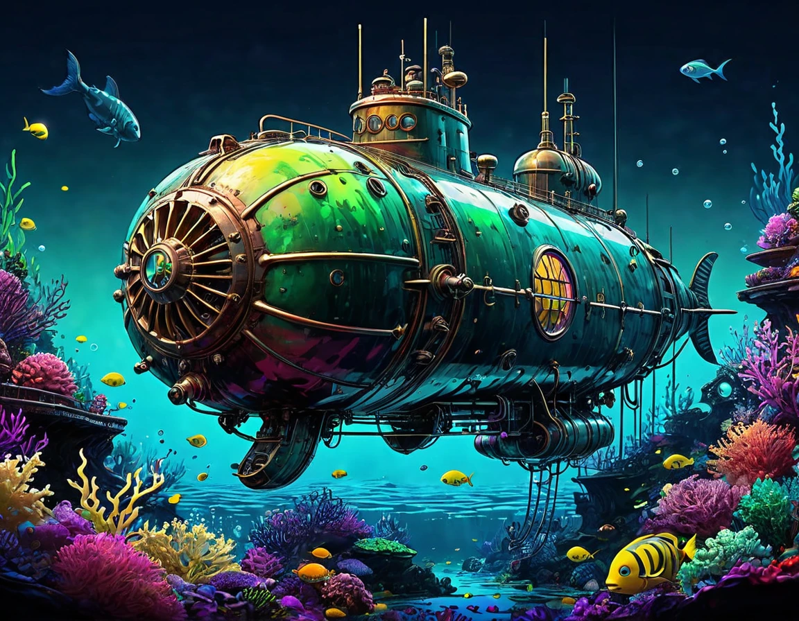 Le sous-marin Nautilus du Capitaine Nemo immergé dans les profondeurs océaniques éclairées au néon, mélange de styles de Benedick Bana et du Studio Ghibli, technique de croquis à l&#39;encre d&#39;alcool, hyperdétaillé, Résolution 32k, utilisant un rendu d&#39;octane similaire à Unreal Engine, avec une palette de couleurs éclatantes, étonnante dans sa composition, chef-d&#39;œuvre monumental, Des couleurs vives, éclairage volumétrique, attrait cinématographique.