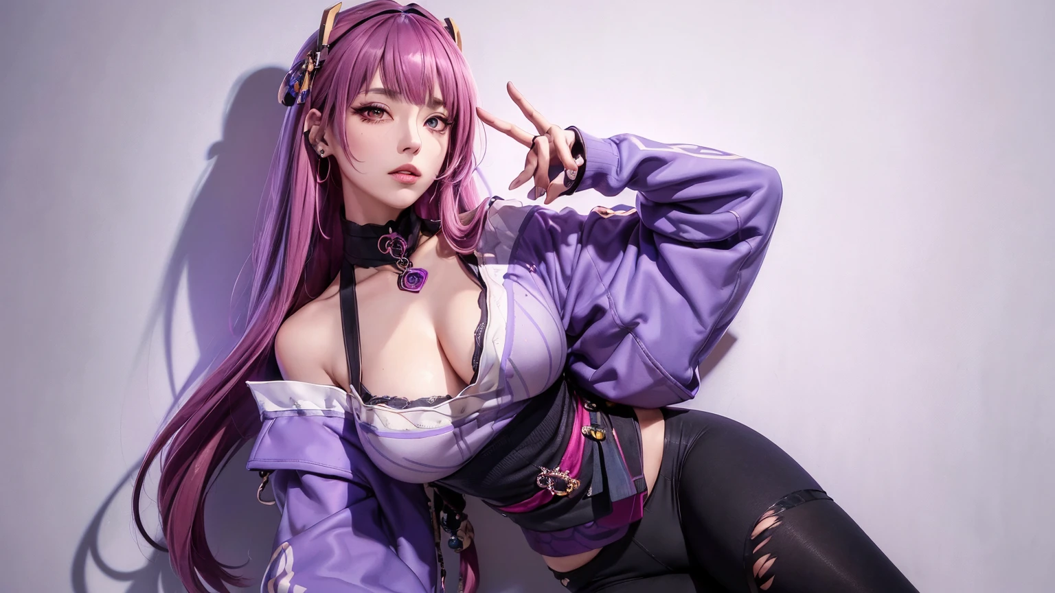 (masterpiece, best quality, 1 woman, alone, intricate details, chromatic aberration), realistic, ((middle breath)),long hair, pink hair, red headdress, pink highlights, hair above one eye,purple eyes, earring, piercer, choker, neon shirt, Torn Leggings, open jacket, turtleneck sweater, night,on the wall, brick wall, Doodle, dim lighting, alley ,look at the viewer,