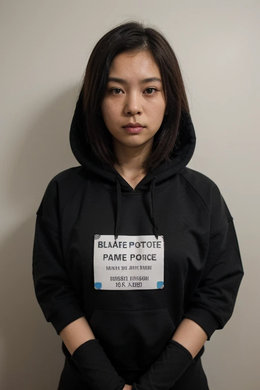 ((weiblich)), ((asiatisch)), ((Polizeistation)), ((schwarzer Hoodie ohne Aufdruck)), ((niedliches Gesicht)), ((Polizeifoto)), ((Höhe markiert Wand auf dem Hintergrund)), ((geringe Qualität)), ((verhaftetes Foto)) 