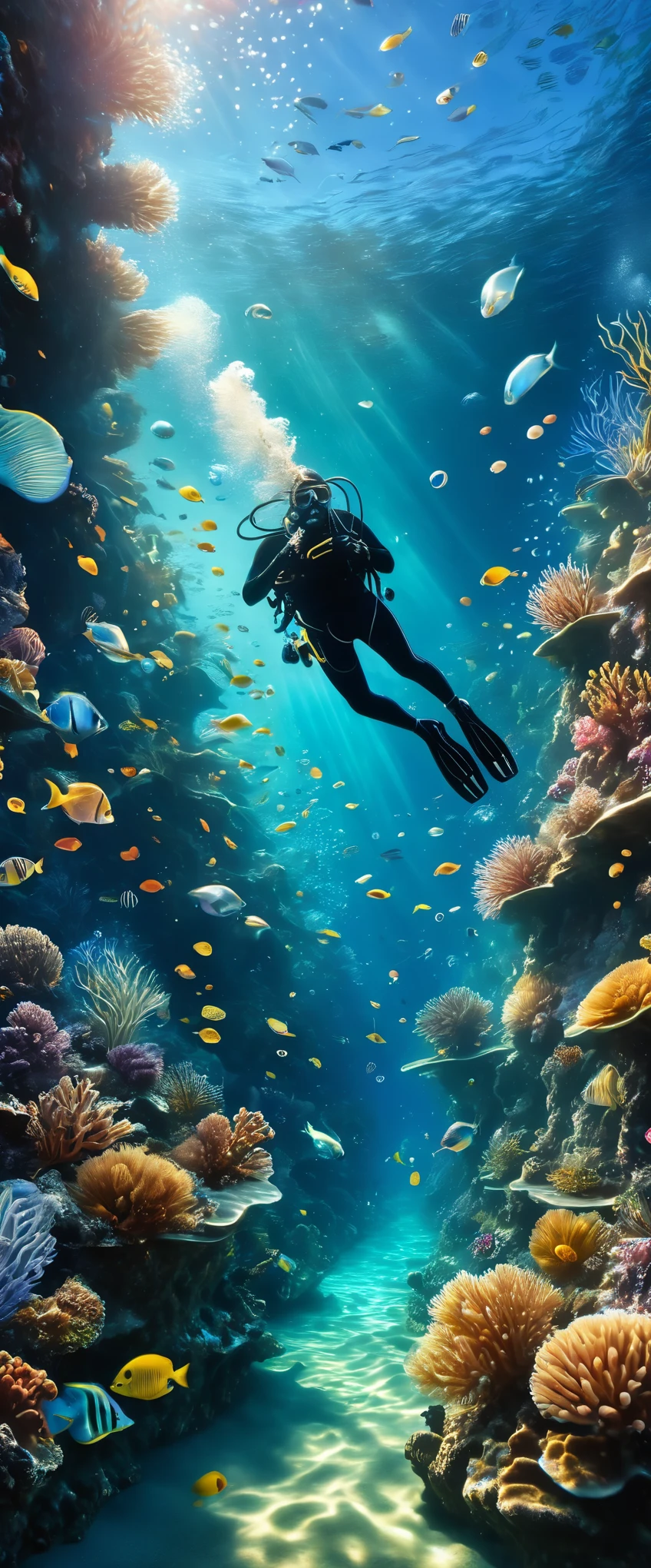 Photos under the sea,Draw a beautiful underwater world,Best diving spots,Transparency,How beautiful,Water representation,Water movement,Fine air bubbles,realism,Beautiful diving spots that will captivate everyone,bright,Diagonal composition,Focus on the Underwater World,Photorealistic,Intricate underwater details,Fantasy,Dreamy,1 diver