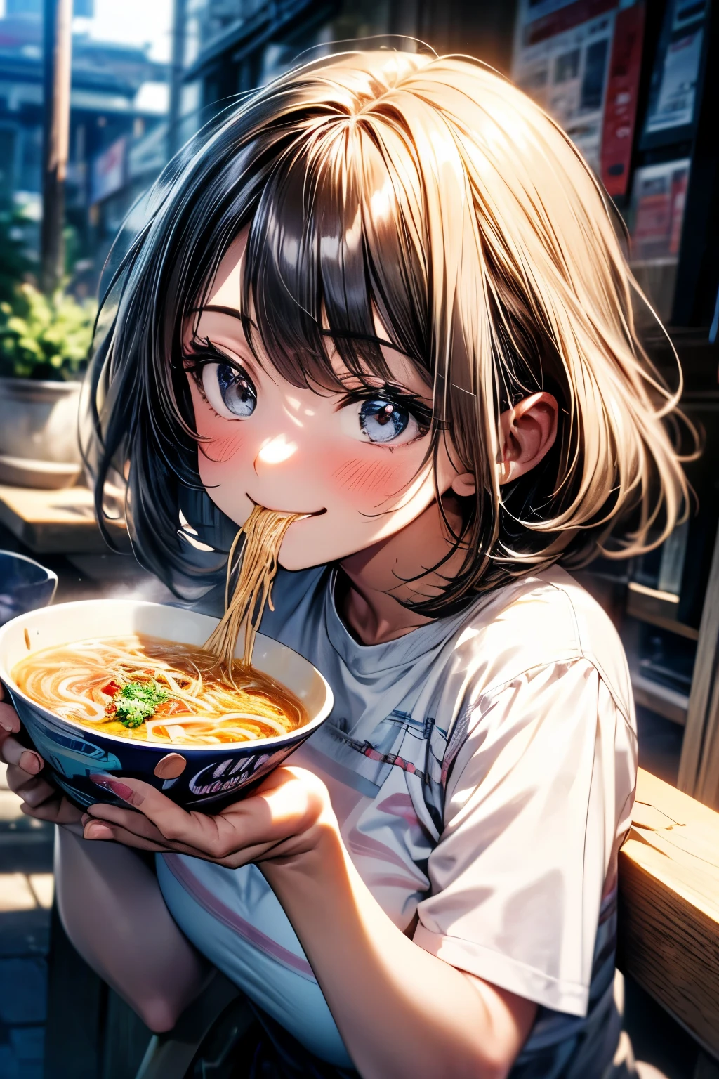 Una chica está comiendo ramen con una gran sonrisa en la cara, Me encanta el ramen, Mételo en tu boca, (((obra maestra))), (mejor calidad), (ultra detalle), (muy_alto_resolución), (grande_tamaño del archivo), (a todo color)