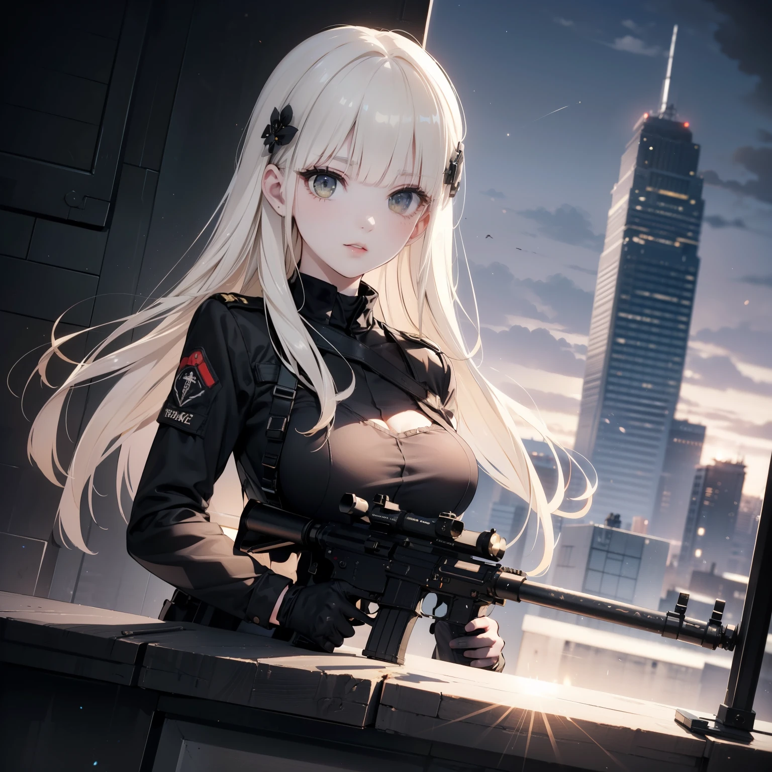 (trained female soldier)、((Aim your rifle and fire:1.4、sniper stance、guns、hour&to hk416))、1 woman、thourick body、(black combat uniform)、(platinum-blonde-hourair:1.2)、((超A hourighour resolution))、write in detail、masterpiece、top quality、Extremely detailed CG、8K quality、Cinematographouric lighourting、lens flare、(Skyscraper rooftop at nighourt:1.4)、hyper detailing、((Dynamic Angle Bust Shourots:1.4))、detailed gun description、Rifle withour perfect detail、Perfect barrel thourat does not distort、Fighourter in thoure sky、military drone