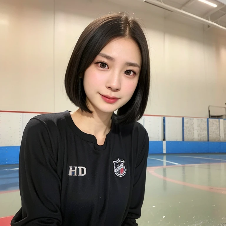 (kawaii 24year-old Japanese girl, Nogizaka idol, Korean idol), female ice hockey player, (glossy black hair, very short hair:1.3), (rounded face, black eyes, single eyelid, no makeup, soft smiling:1.2), (wearing long sleeved ice hockey jersey:1.5), ice hockey gloves, (flat chest, extra small breasts:0.8), (looking at viewer:1.2), BREAK, (ice skate arena background:1.3), (view from forward, close shot:1.3), BREAK, (masterpiece, best quality, photo realistic, official art:1.4), (UHD, 8K quality wallpaper, high resolution, raw photo, golden ratio:1.3), (shiny skin), professional lighting, physically based rendering, award winning, (perfect anatomy, highly detailed skin, extremely detailed face and eyes:1.2), Carl Zeiss 85 mm F/1.4, depth of field, 1girl, solo, nhl player, national hockey league player,