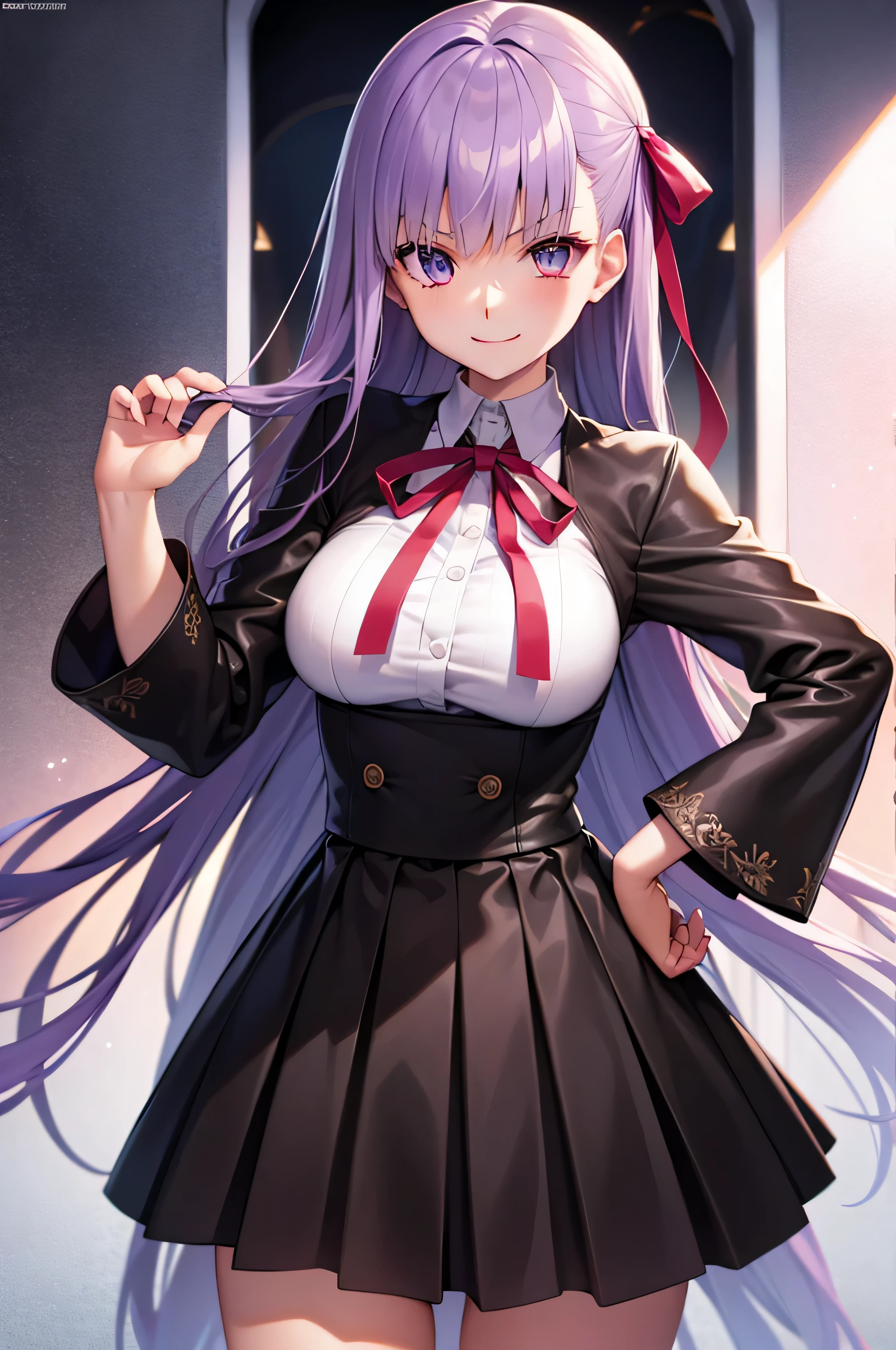 Hugob, nffsw, Purple hair, Long hair, Bangs, (Purple eyes:1.1), (medium breasts⁩:1.2),Blake Black Jacket, Black skirt, Collared shirt, Hair Ribbon, high waist skirt, Jacket, Long sleeves, Neck ribbon, Open your clothes, Open jacket, Pleated skirt, Red Ribbon, bow ribbon, Shirt, Skirt, sleeves past wrists, White shirt, Wide sleeves,BREAK looking at viewer,BREAK outdoors, BREAK (masutepiece:1.2), Best Quality, High resolution, Unity 8k wallpaper, (Illustration:0.8), (Beautiful detailed eyes:1.6), extra detailed face, Perfect Lighting, extremely details CG, (Perfect hands, Perfect Anatomy),miscievous smile,hand on hip,(evil smile:1.3),dark aura,official art,Highly detailed CG Unity 8K wallpaper, perfect lighting,