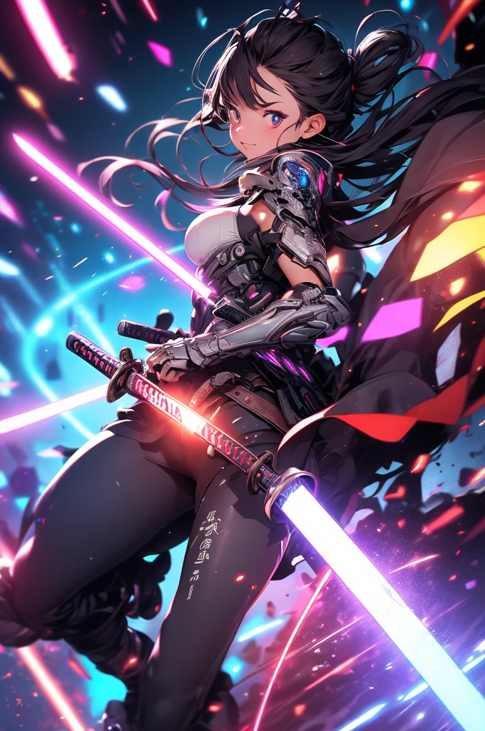 (masterpiece, best quality:1.1),
(8k, best quality, masterpiece, ultra highres, ultra-detailed:1.2),future technology,1girl,A samurai girl wearing a cyberpunk-style mecha costume,Shining laser Japanese sword,dynamic poses,(glowing electronic screen),(Electronic information flow:1.3),Holographic projection,(Glowing electronic screen on arm:1.2),whole body,Multi-wire striations,Luminous text on thigh,(girl pose:1.2),Glowing electronic shoes,whole body,Colored smoke,City blocks,skyscraper,neon lights，