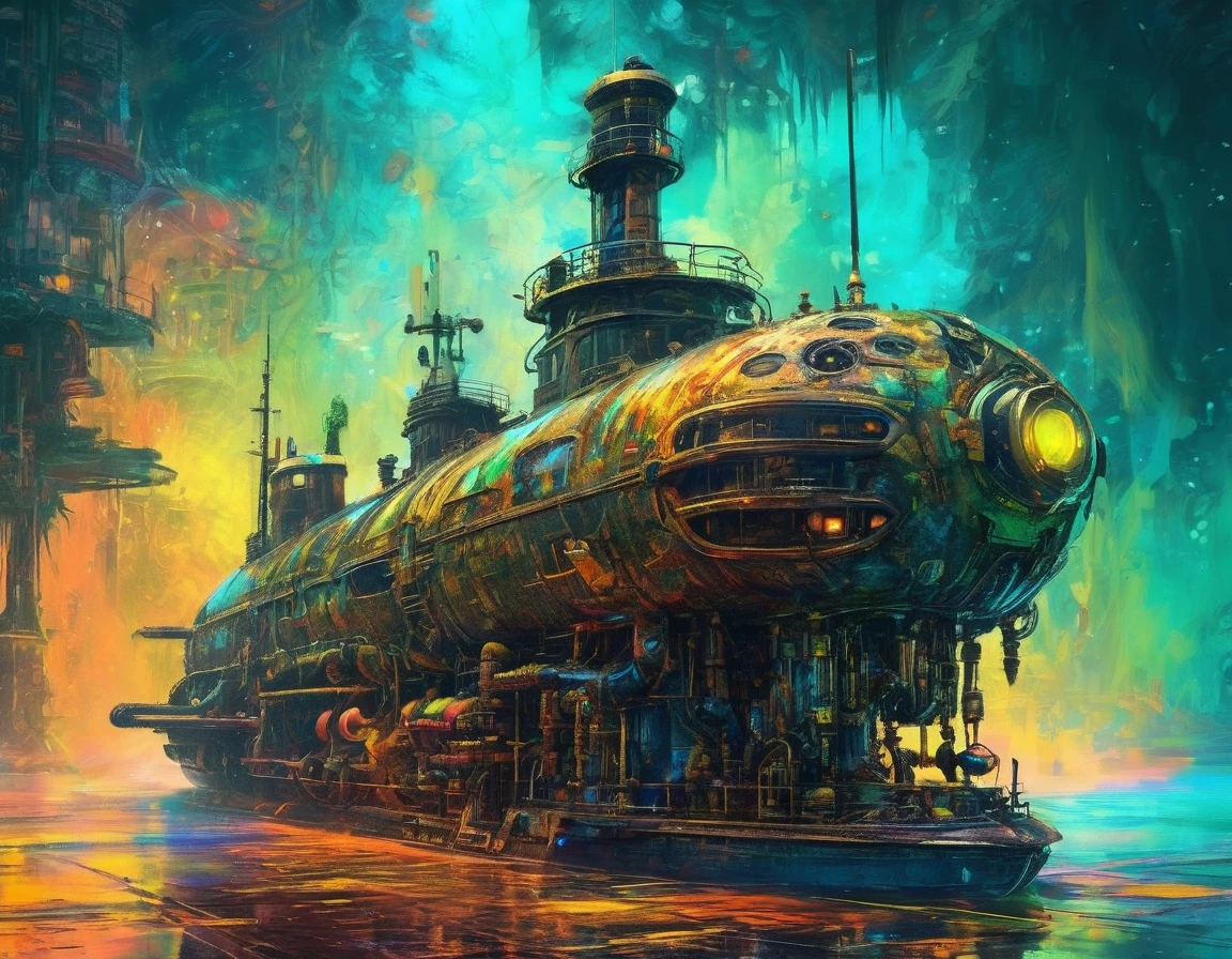 Nautilus submarine, immersed in the neon depths of the ocean, Captain Nemo's vessel aglow with bright, neon ambiance, abstraction of black oil and gear mecha detailing, steampunk,  Hyperdetailed acrylic grunge, 32k octane rendering, Alcoholic ink touch in the style of Andreas Franke, reminiscent of Benedick Bana, unreal engine, photorealistic, monumental masterpiece, vivid colors, volumetric lighting, cinematic allure.