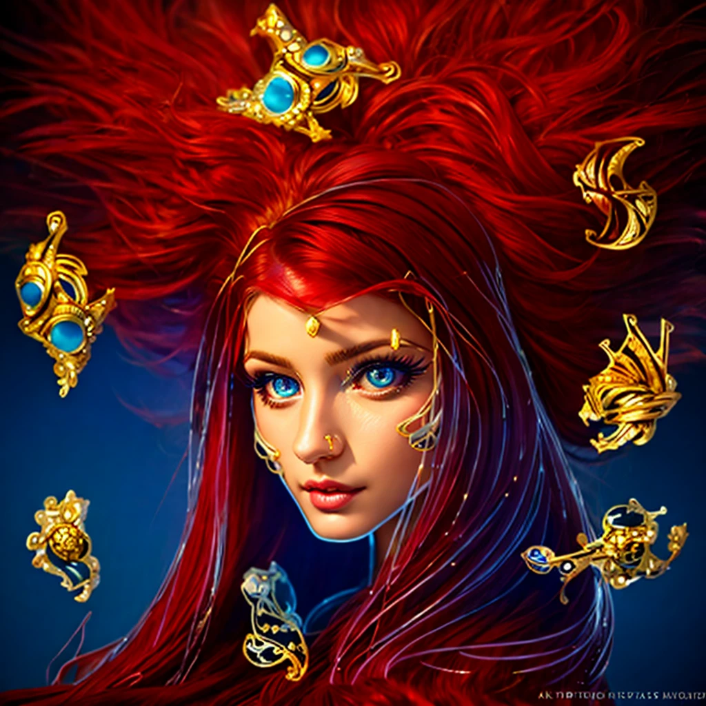 (masterpiece, best quality:1.2), 1girl, solo ((ultra realistic))), photo, best quality, trending on artstation, ONE beautiful woman (long dark red hair:1.2), (detailed eyes:1.2), body jewelry made of gold, no jewelry in hair, hairline reaches jewel in forehead, heavy eye makeup, mascara, glossy pink lips, detailed hair, long painted finger nails, fingers holding hair, shiny skin, (focus on face and cleavage:1.1), depth of field, soft lighting, (play of light and shadow:1.2), ultra detailed, detailed gold jewelry with diamonds floating in blue sky, blue light in dark background.