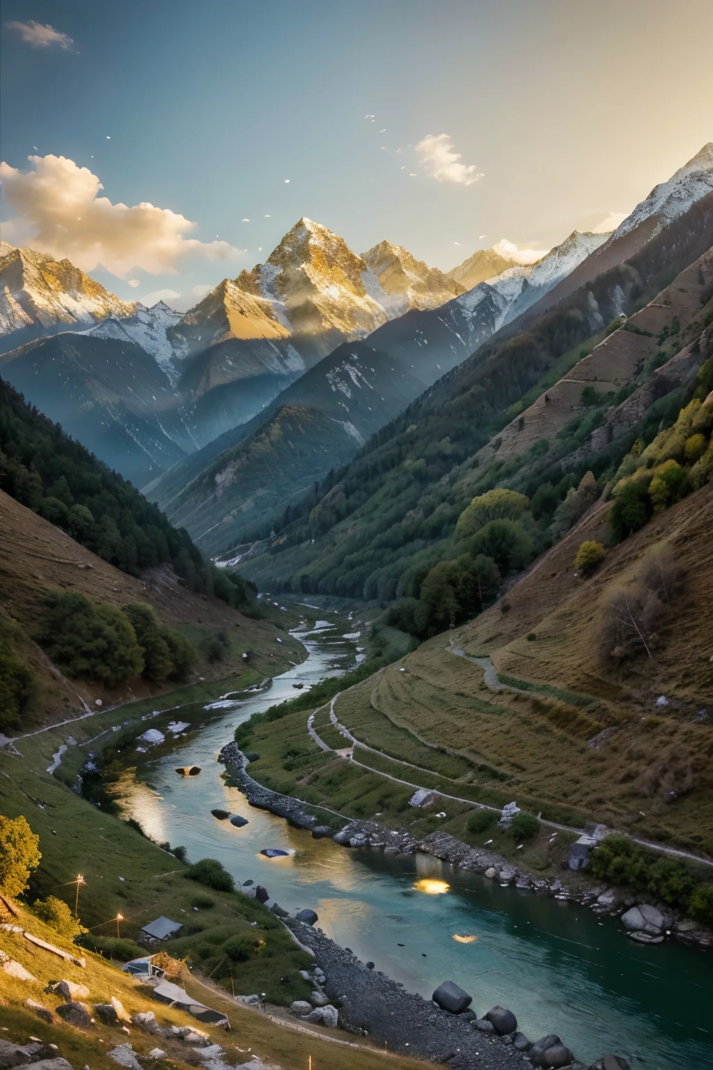 Behold the breathtaking, otherworldly beauty of Uttarkashi's mountains and Harshil Valley, as hyper-realistic imagery immerses you in a realm of surreal wonder (Best quality, Ultra-detailed, Golden ratio, Masterpiece: 1.4). The mountains, with their jagged peaks and snow-capped summits, tower over the valley below, casting long, dramatically shadows on the landscape (dramatic lighting: 0.8). The valley, adorned with lush greenery and crystal-clear rivers, lies at your feet, inviting you to explore its hidden depths (picturesque valley: 1.1).