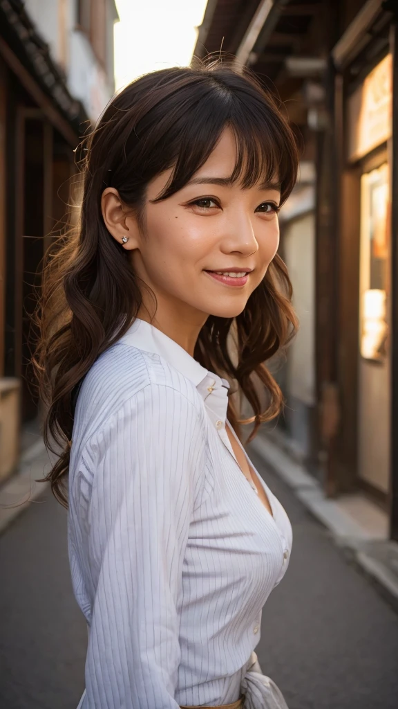 NSFW, ((highest quality)), ((8K)), ((masterpiece:1.3)), (perfect look), (photorealism:1.6), (walking woman), (Festival venue crowded with people), (Alley lined with stalls on both sides), japanese woman, 47 years old, ((Realistic skin texture)), (Fine wrinkles throughout the skin: 1.3), (Dull skin: 1.1), (Skin without moisture: 1.2) , (Wrinkles on the face: 0.9), (Wrinkles on the corners of the eyes: 1.2), Double eyelids, tear bags on the lower eyelids, (Crying moles: 0.9), The eyes are looking here, serious gaze, (Dimples: 1.2), red lips, short bangs, long hair, Long hair with curls at the tips, (hair falls over ears), smiling with the corners of the mouth raised, soft fabric off bowtie blouse, wide sleeves, Cuffs that fit your wrist, flare skirt, barefoot, hair fluttering in the wind, small breasts, (whole body: 1.4), low angle,