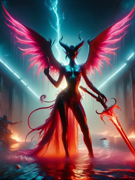 Cyberpunk succubus warrior in neon mecha armor，Holding a staff in a pool of blood，Luminescence的光眼，Devil&#39;s Wings，Wide-angle l...