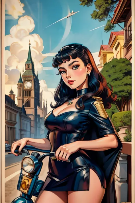 mulher parada em um vestido e capacete andando de scooter, poster art, poster poster girl, inspired by Vincent Lefèvre, obras de...