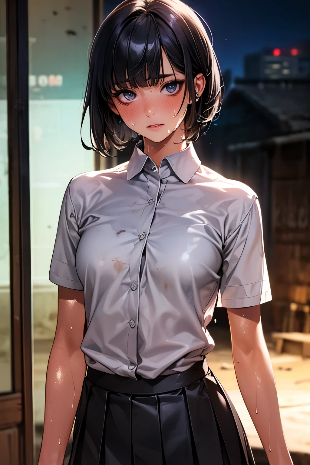 Anime girl in a short skirt and shirt standing in front of a window -  SeaArt AI