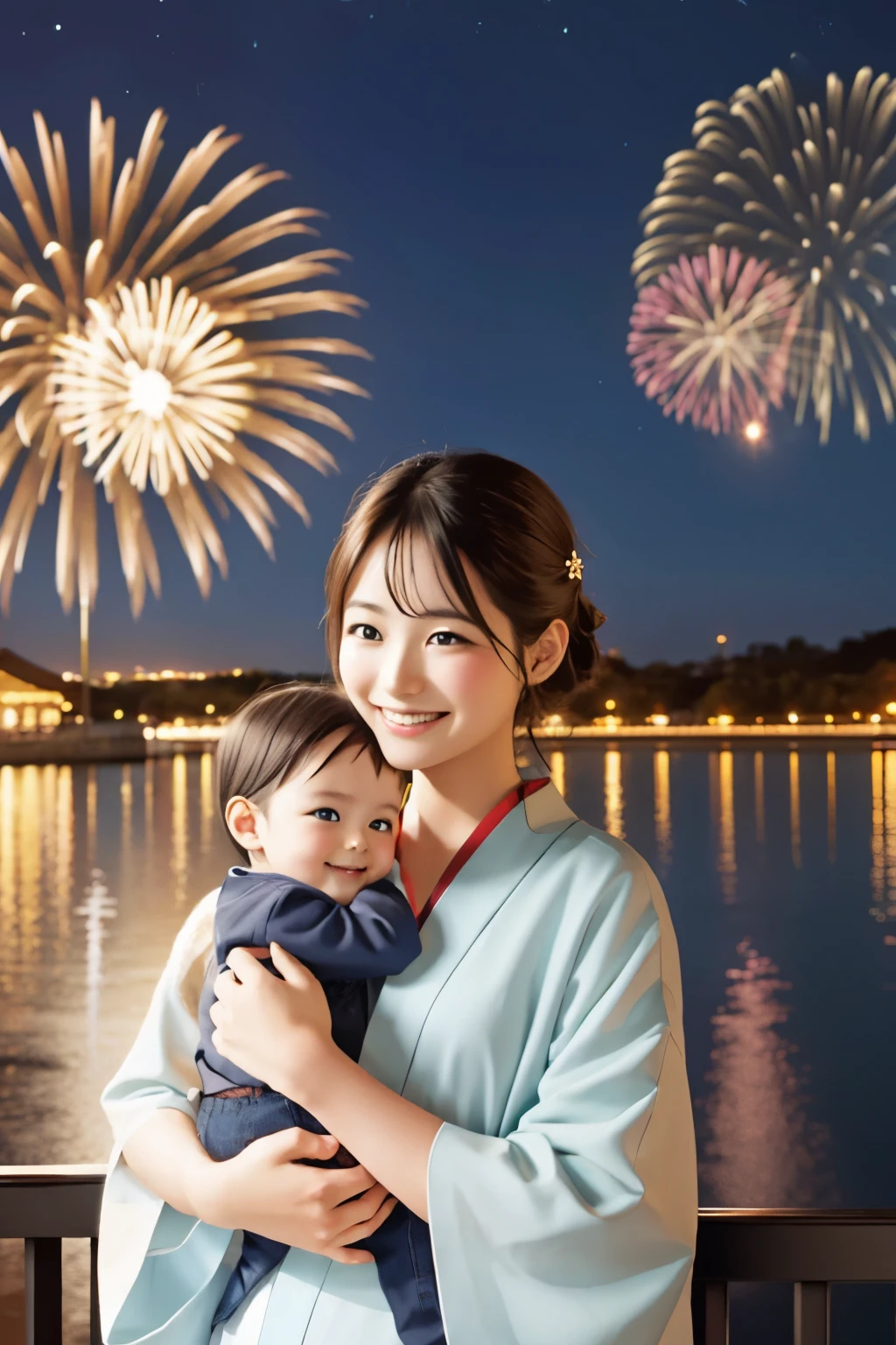 A mother holding her  at a fireworks display to make it easier to see the fireworks, traditional japanese concept art, [ Fireworks in the sky ]!!