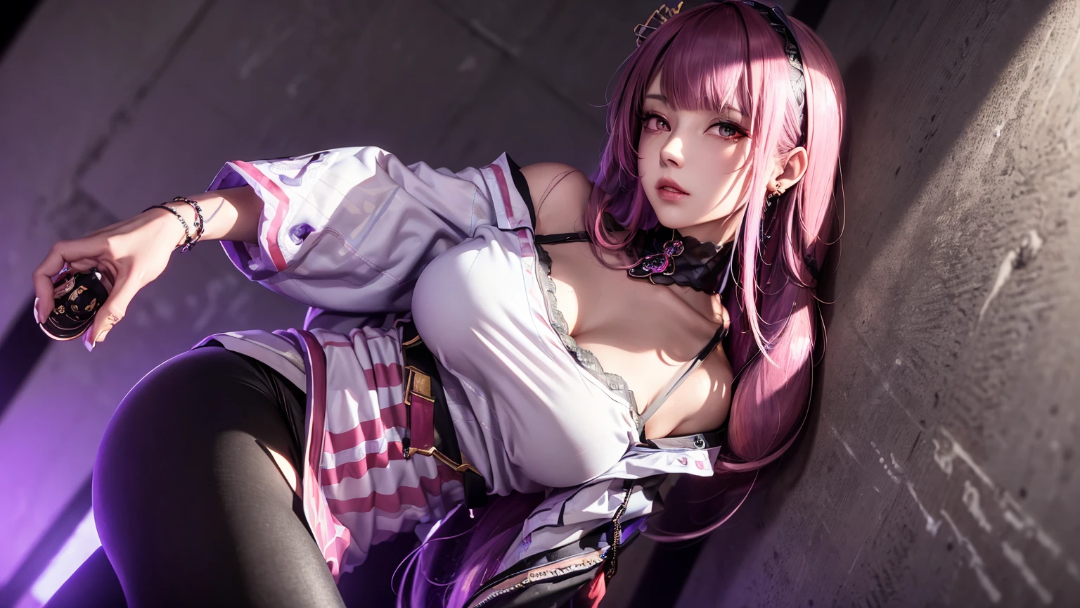 (masterpiece, best quality, 1 woman, alone, intricate details, chromatic aberration), realistic, ((middle breath)),long hair, pink hair, red headdress, pink highlights, hair above one eye,purple eyes, earring, piercer, choker, neon shirt, Torn Leggings, open jacket, turtleneck sweater, night,on the wall, brick wall, Doodle, dim lighting, alley ,look at the viewer,