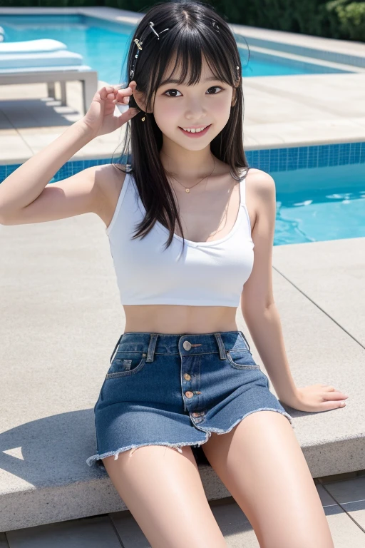 8k,Japonais,,visage innocent,adolescente,Mignon,pas de vêtements,mini-jupe en jean、sa jupe relevée、Je peux voir un pantalon blanc pur、cuisses exposées、son nombril est visible、Petits seins、poitrine plate、、vêtement de tous les jours,Séance,Jambes grandes ouvertes、cheveux noirs,au bord de la piscine,Pince à cheveux,sourire