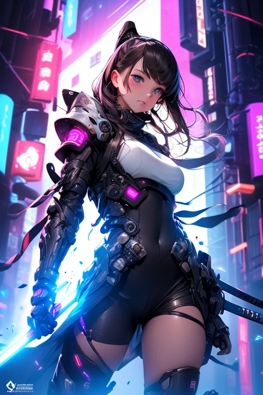 (masterpiece, best quality:1.1),
(8k, best quality, masterpiece, ultra highres, ultra-detailed:1.2),future technology,1girl,A japanese samurai girl wearing a cyberpunk-style mecha costume,beautiful detailed face,eyes with large brown irises,small mouth, fresh lips,Shining Japanese sword,dynamic poses,(glowing electronic screen),(Electronic information flow:1.3),Holographic projection,(Glowing electronic screen on arm:1.2),whole body,Multi-wire striations,Luminous text on thigh,(girl pose:1.2),Glowing electronic shoes,whole body,Colored smoke,City blocks,skyscraper,neon lights，