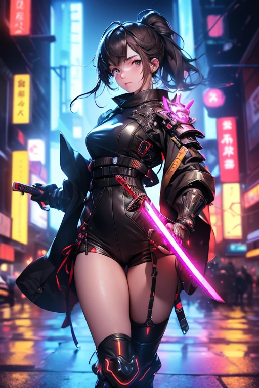 (masterpiece, best quality:1.1),
(8k, best quality, masterpiece, ultra highres, ultra-detailed:1.2),future technology,1girl,A japanese samurai girl wearing a cyberpunk-style mecha costume,beautiful detailed face,eyes with large brown irises,small mouth, fresh lips,Shining Japanese sword,dynamic poses,(glowing electronic screen),(Electronic information flow:1.3),Holographic projection,(Glowing electronic screen on arm:1.2),whole body,Multi-wire striations,Luminous text on thigh,(girl pose:1.2),Glowing electronic shoes,whole body,Colored smoke,City blocks,skyscraper,neon lights，