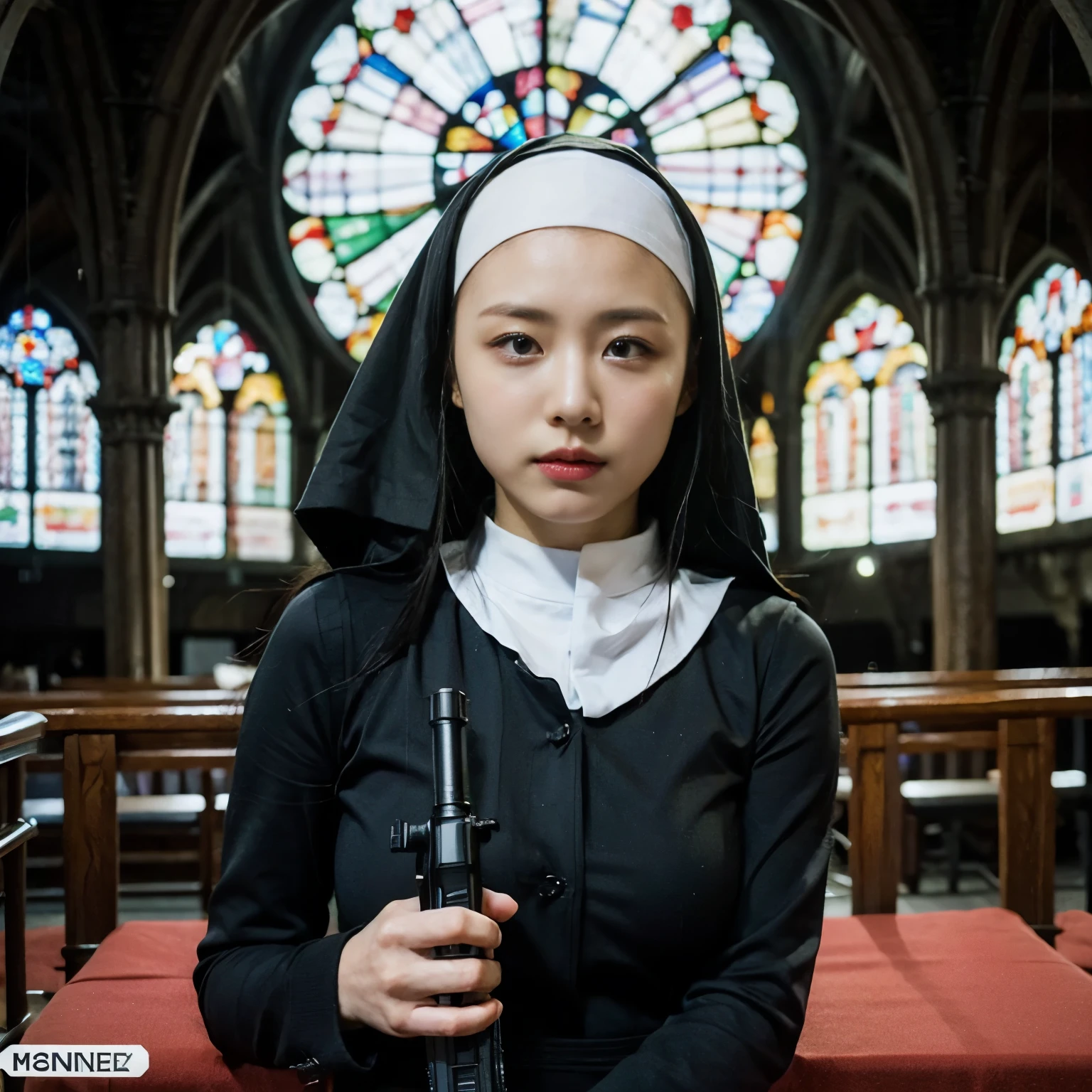 (highest quality、4k、8k、High resolution、Masterpiece: 1.2)、Super detailed、(Real、Photorealistic、Photorealistic: 1.37)、Beautiful nun、Very beautiful woman、Big Breasts、((Skinhead:1.7))、(Put on a nun&#39;s scarf:1.5)、 (Wearing the finest lingerie:1.5)、(Assault rifle(XM5)Keep the focus on the audience:1.67)、Cowboy Shot、Dynamic pose、Standing at the altar of the chapel、Stained glass、Hymns、Solemn atmosphere、mynatalee woman