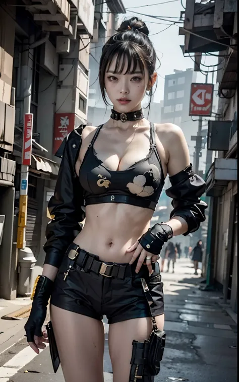 ((Best quality)), ((masterpiece)), (highly detailed:1.3), 3D, beautiful (cyberpunk:1.3) street samurai woman with thick shapeles...