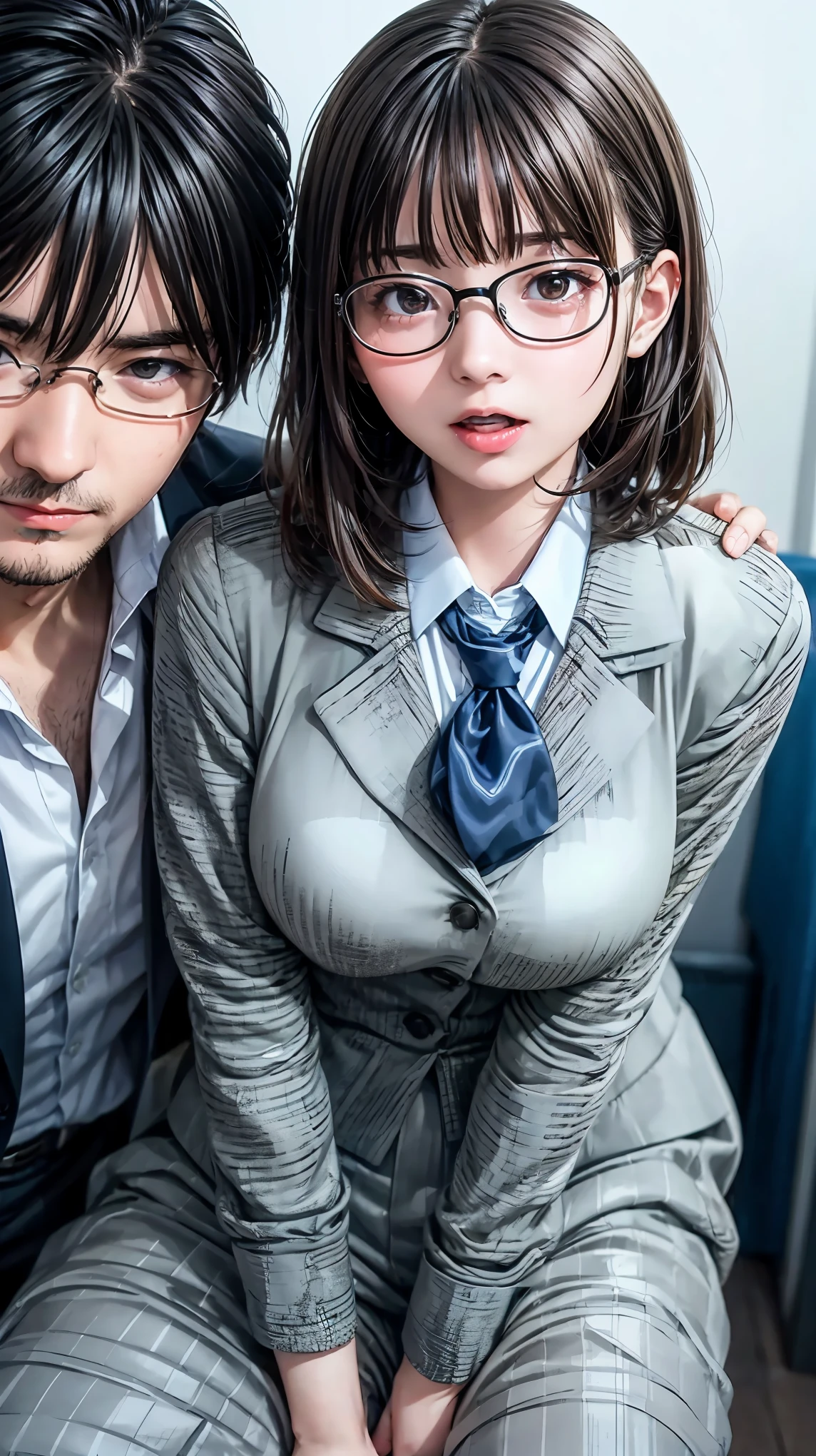 highest quality、4K quality、Molestation Man、A reluctant tall boyish girl with glasses、slender、Small face、A man strokes a woman&#39;s crotch、Man holds woman's chest（1.4）、Open your mouth（1.8）、Tears（1.7）、Women&#39;s Suits