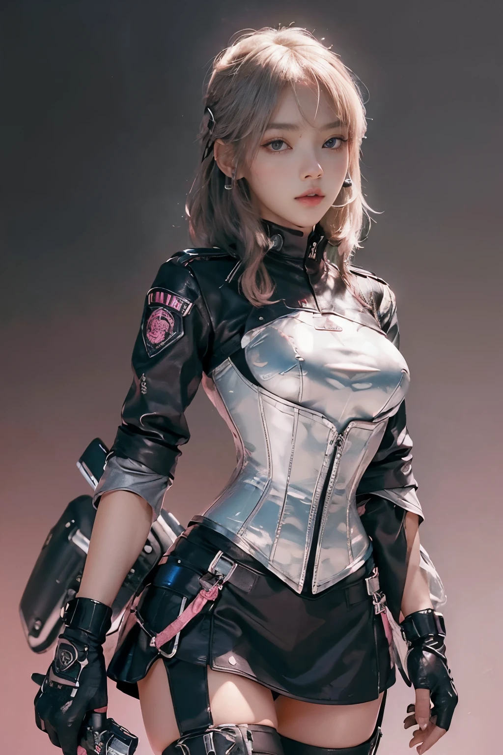 Lisa black pink, (Top Quality, Ultra High Definition, Photorealistic: 1.4), (cowboy shot:1), 1 Beautiful Girl, Detailed Face, (Hair Style gradation: blonde:0.6Silver:0.4, fullbang, shortbob-style:1), Combata pose, Contrapposto, Perfect Anatomy, Smooth Skin, Professional Lighting, (wear color pink black silver),((wearing Futuristic Police Racing Suits, low-mini-skirt, police wappen, High-tech Headset, military gun-corset, racing gloves, machinegun)), (Cloths colors based on red silver pink black), (background, backstrage),