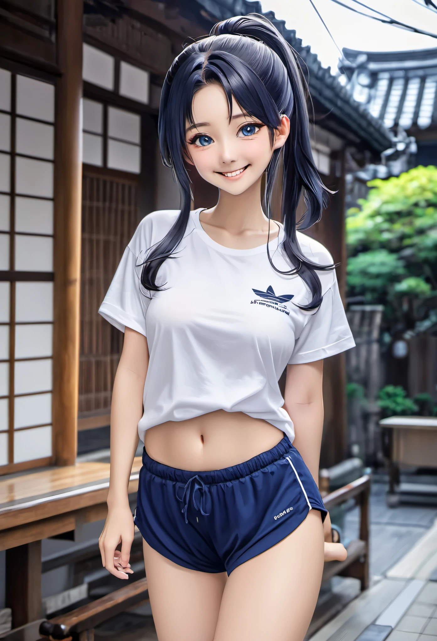 A close up of a person wearing a white shirt and blue shorts - SeaArt AI